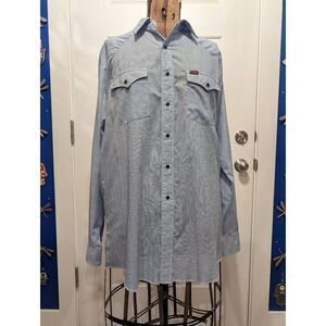 VTG Wrangler Pearl Snap XLT Tall Man Blue Check Silver Thread USA Made RARE!